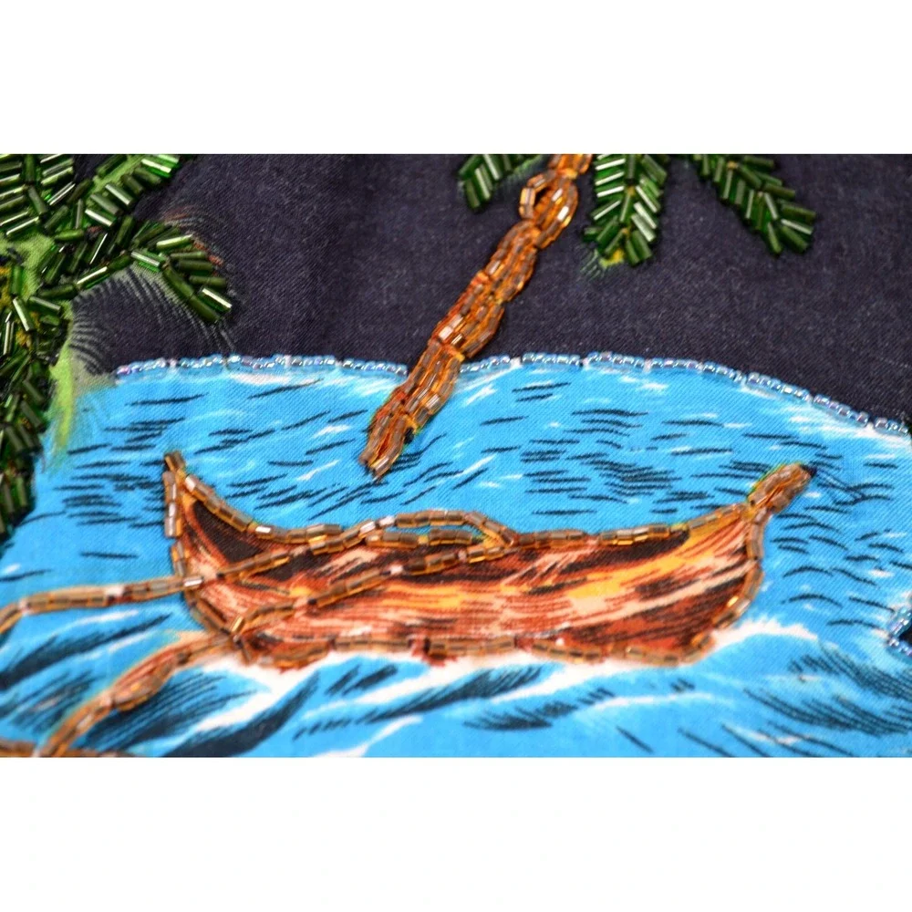 Hawaiian Purse Double Bamboo Handles Hibiscus‎ Floral Catamaran Beaded Fringe